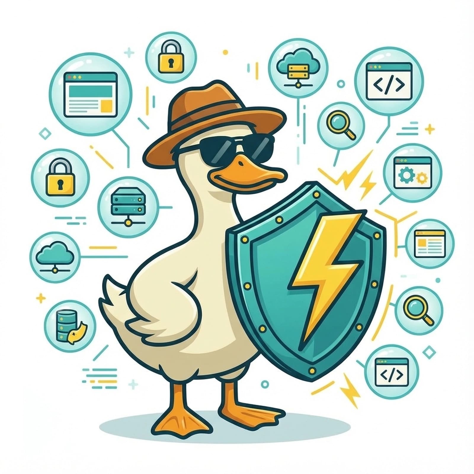 Duck holding protective shield defending websites from lightning