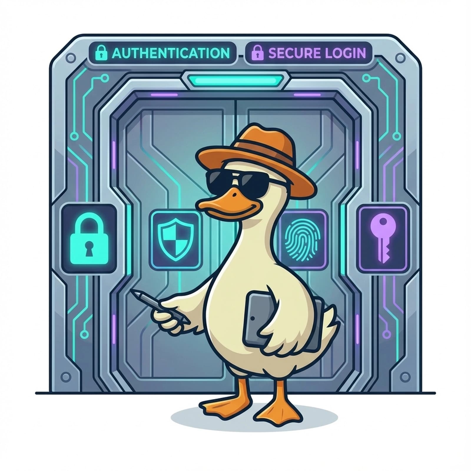 Duck guarding secure login gateway with authentication symbols
