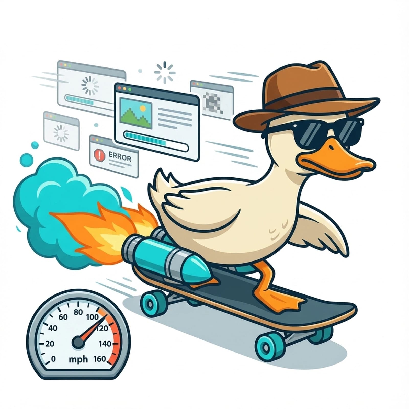 Duck racing on rocket skateboard past slow websites