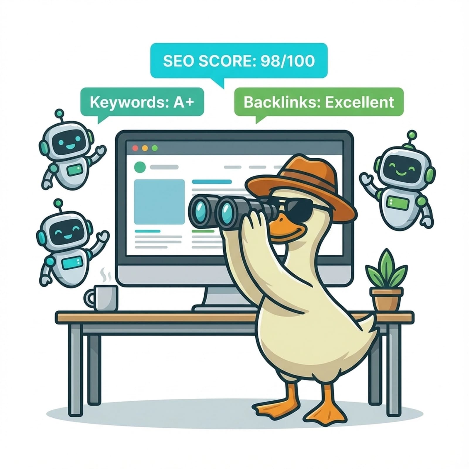 Duck with binoculars viewing website SEO scores