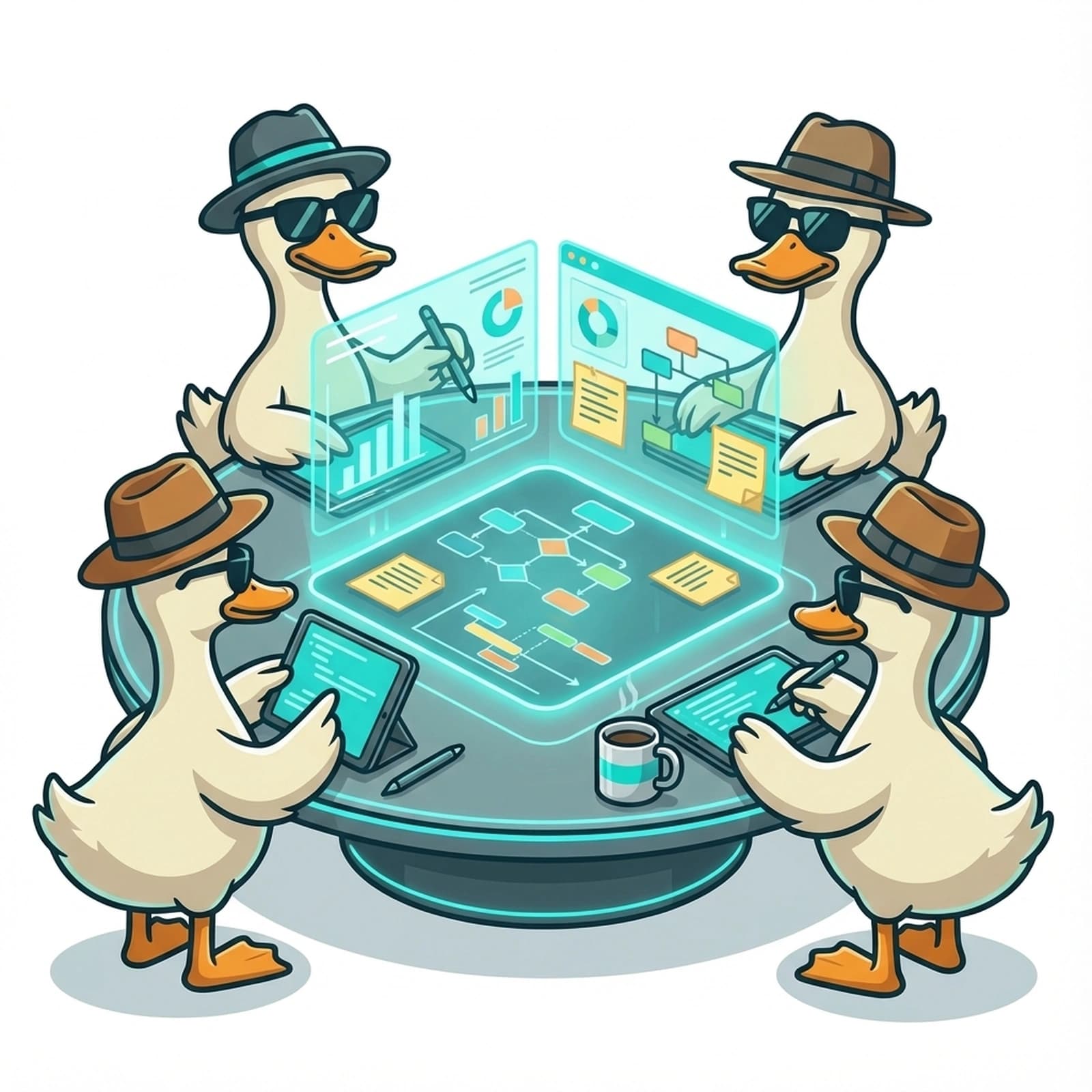 Multiple ducks working together around holographic dashboard