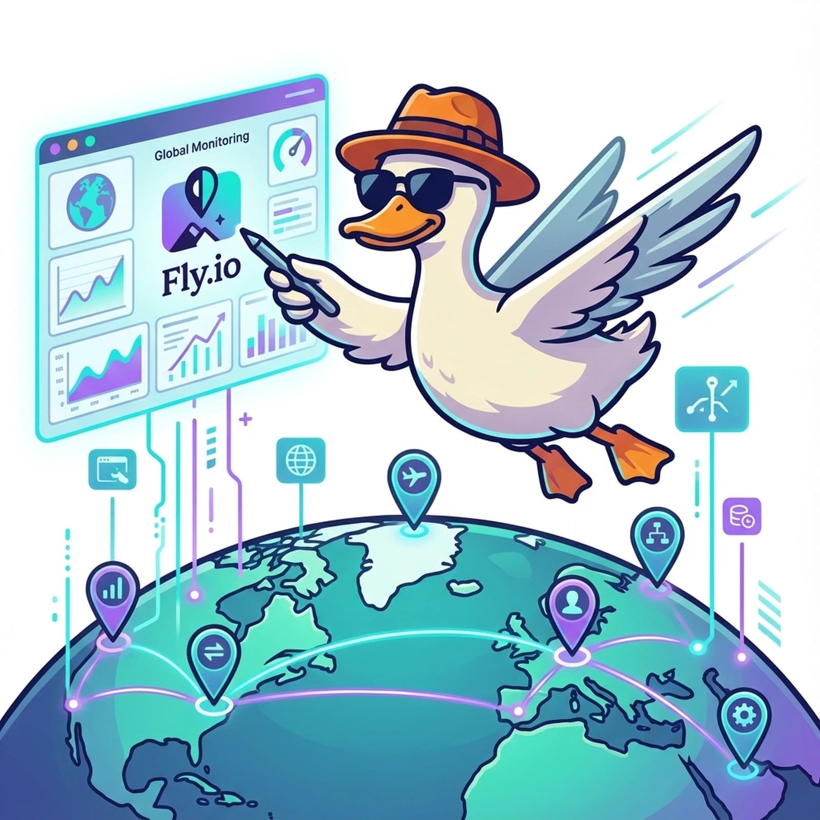 Duck flying over globe with edge location markers