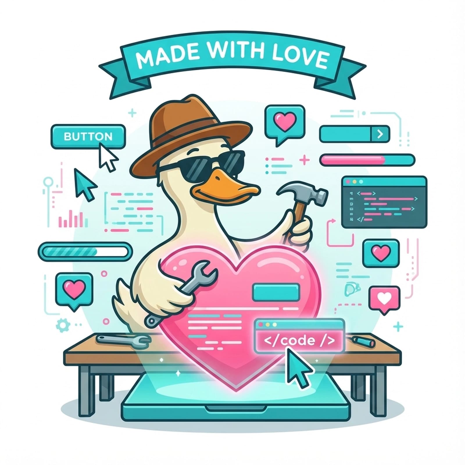 Duck building a heart-shaped website with construction tools