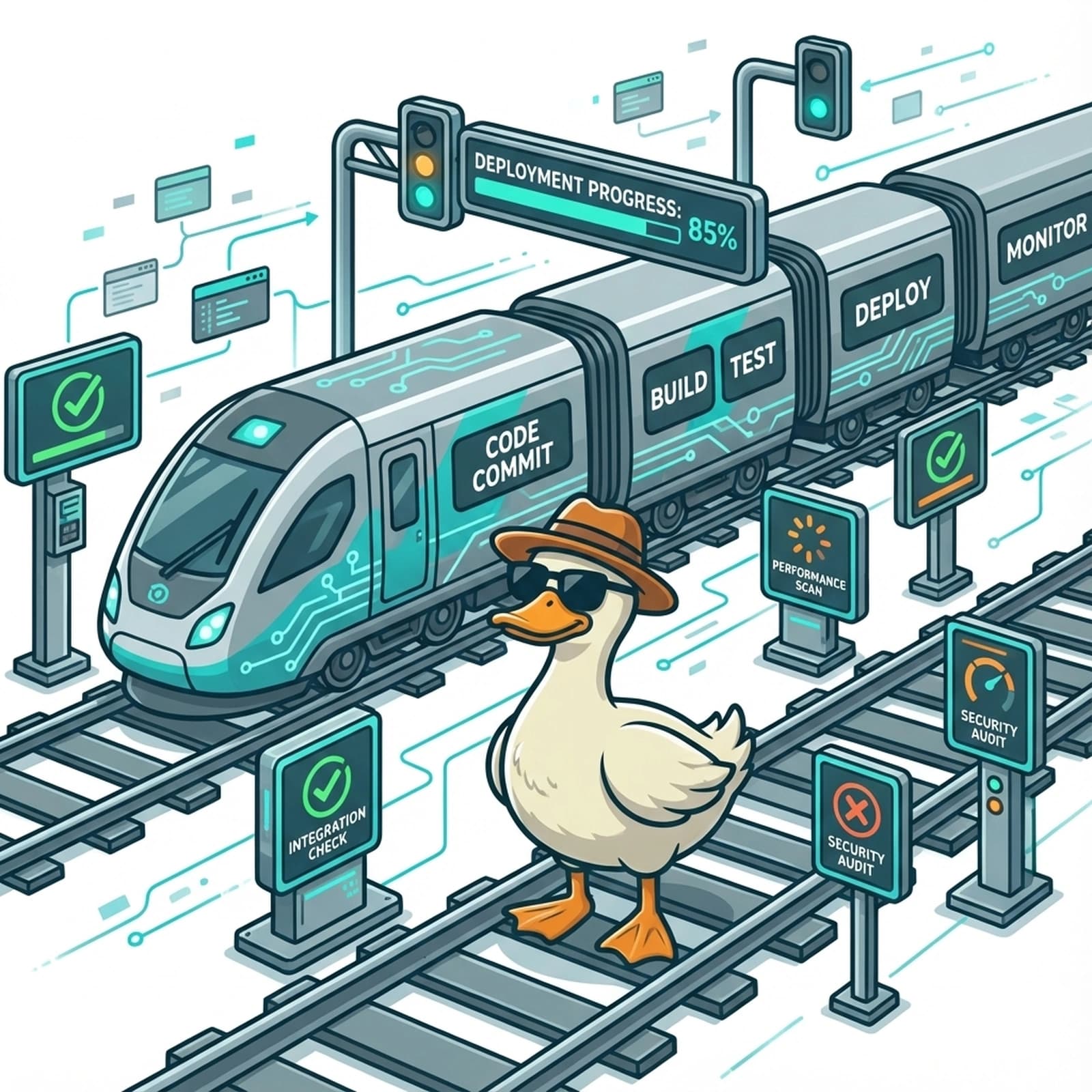 Duck watching deployment train with monitoring checkpoints