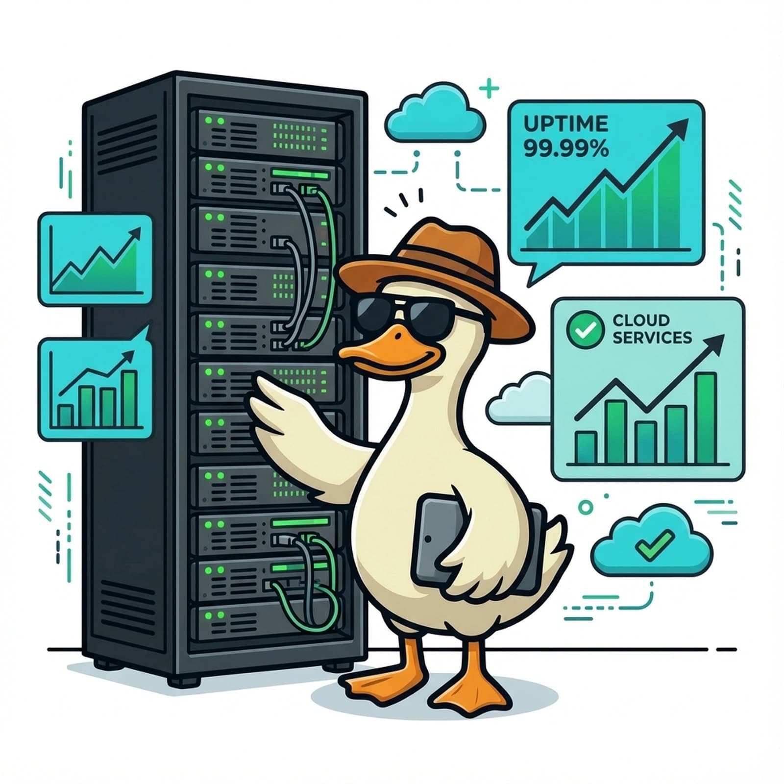 Duck monitoring server rack with green status lights