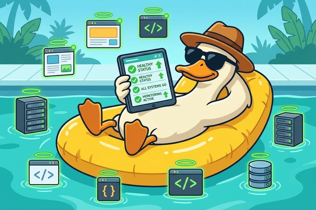 Sly the duck relaxing on a pool float while monitoring all systems