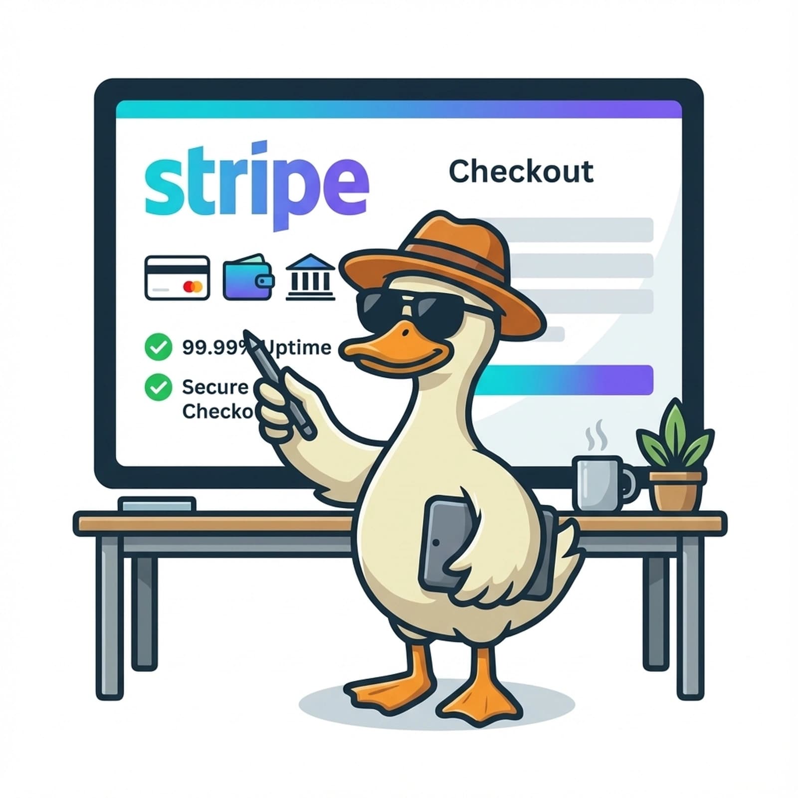 Duck guarding checkout page with payment symbols and uptime indicators