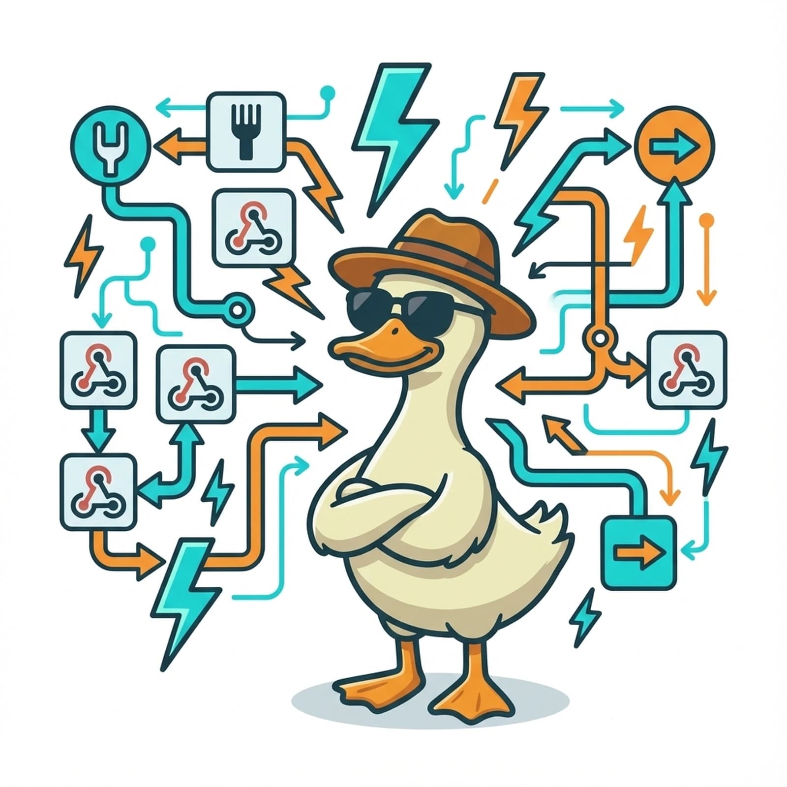 Duck surrounded by automation nodes and webhook data flow