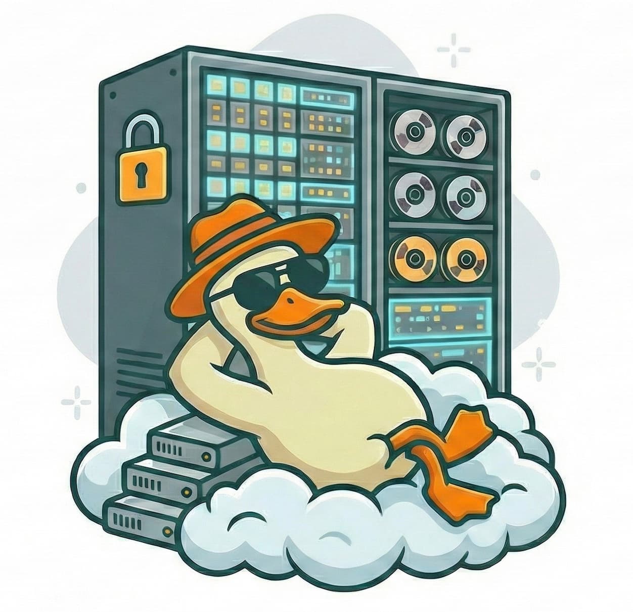 Sly the Duck relaxing on a cloud with secure server backups