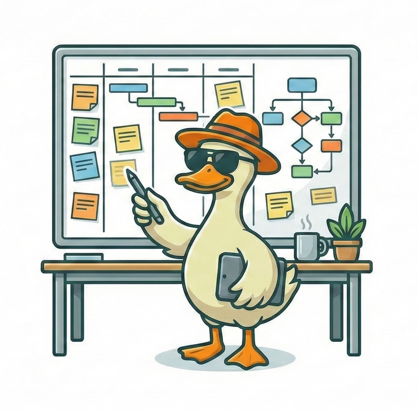 Sly the Duck planning and organizing projects on a whiteboard